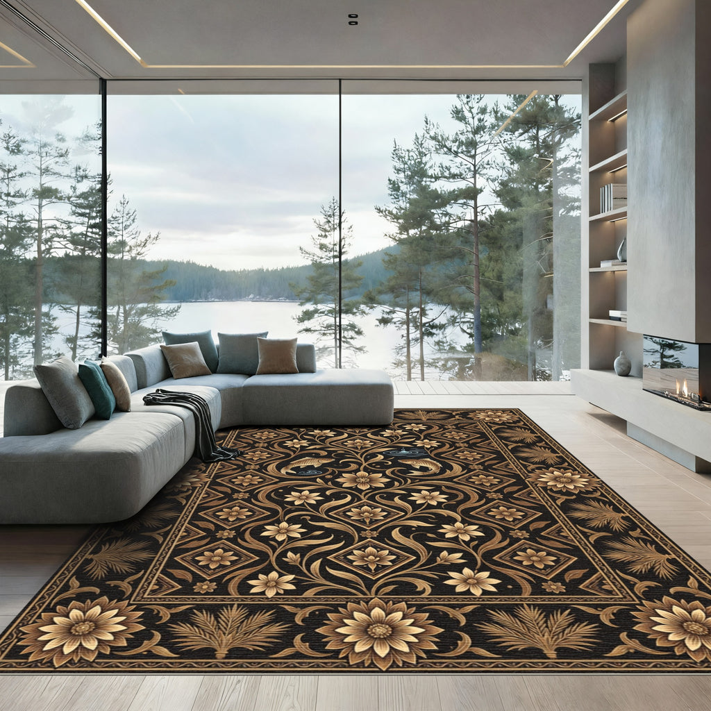 Golden Floral Fish Black Rug