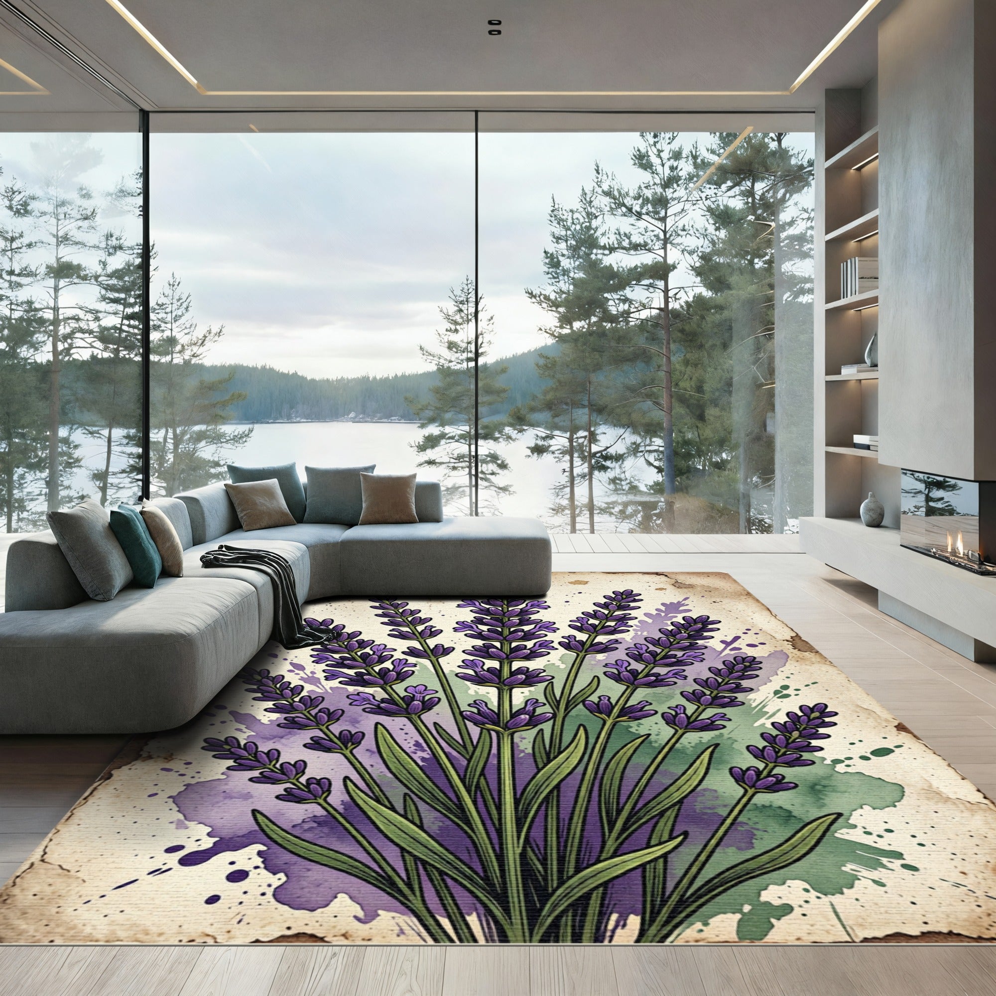 Vintage Purple Lavender Botanical Watercolor Rug