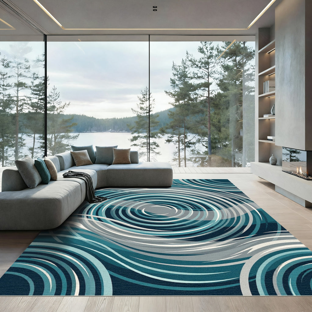 Abstract Teal Concentric Waves Ripple Rug