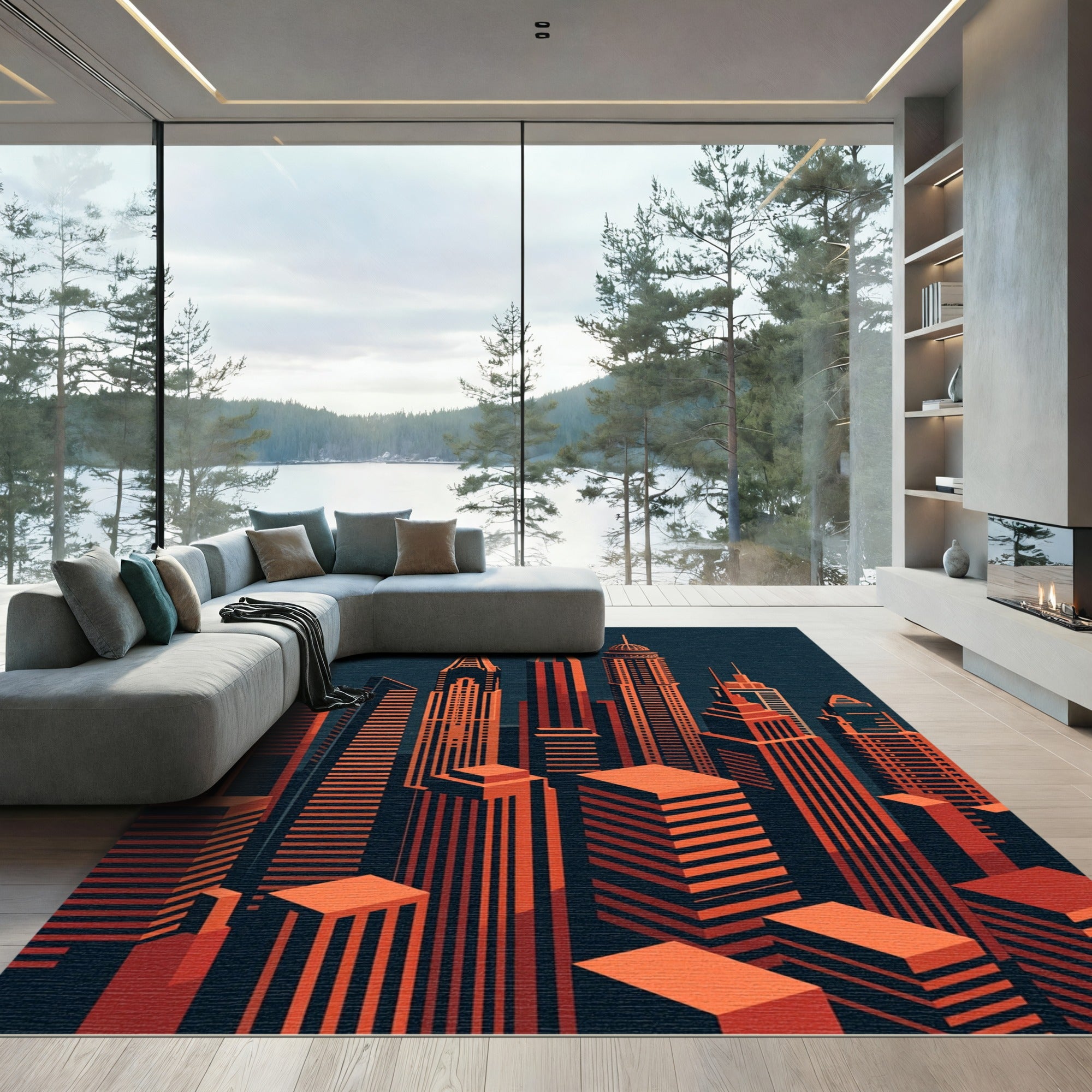 Modern Burnt Orange Geometric Skyline Rug