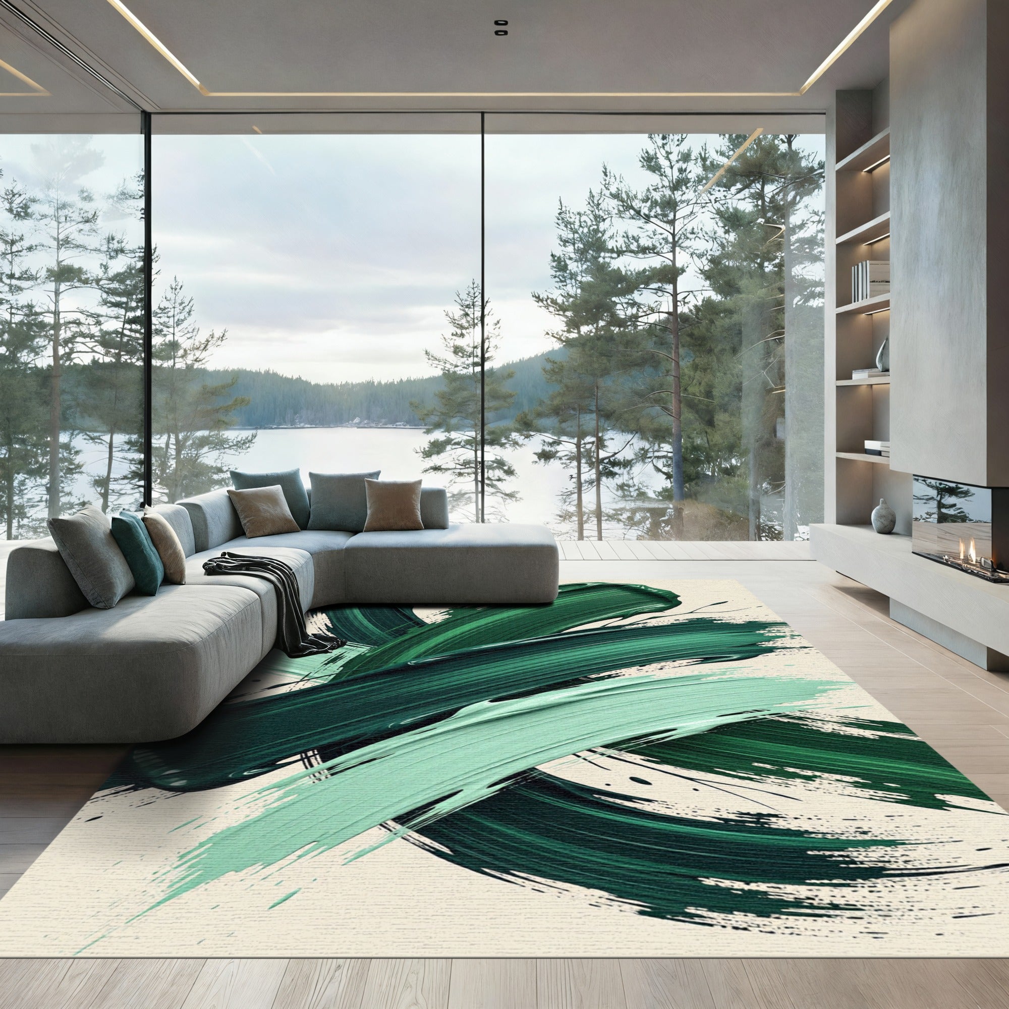 Deep Emerald Brushstrokes Abstract Rug
