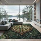 Ornate Compass Gold Forest Green Art Rug