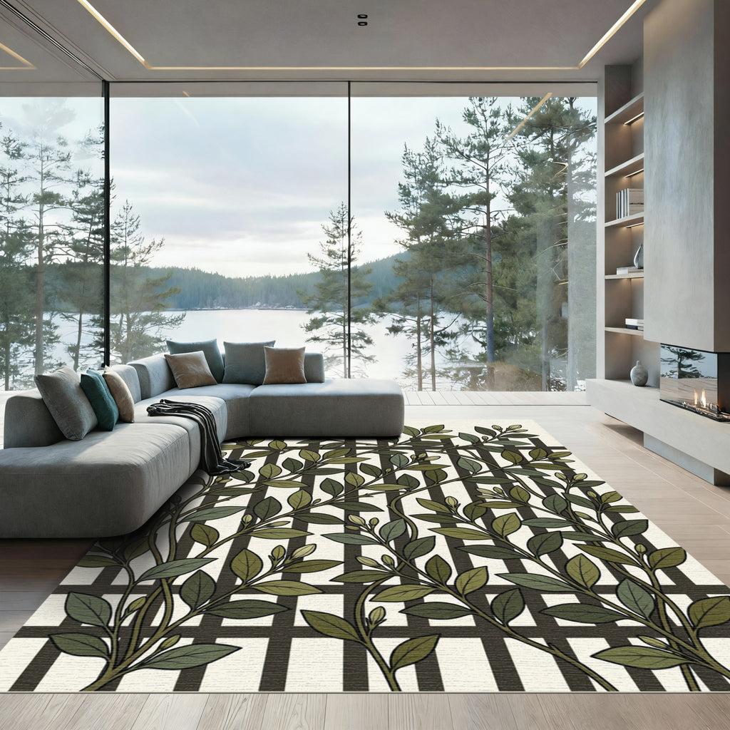 Botanical Green Leaf Trellis Grid Rug