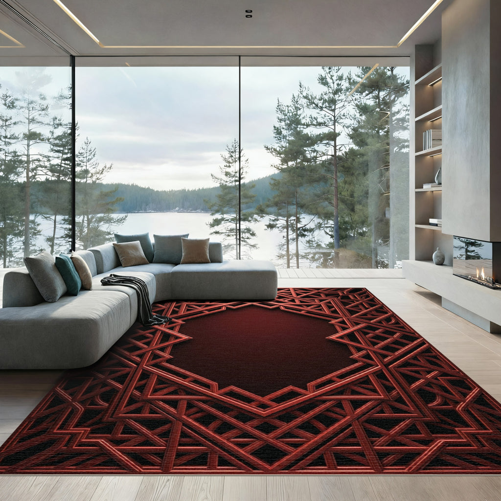 Rich Crimson Intricate Geometric Frame Rug
