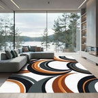 Modern Abstract Bronze and Charcoal Crescent Swirl Rug