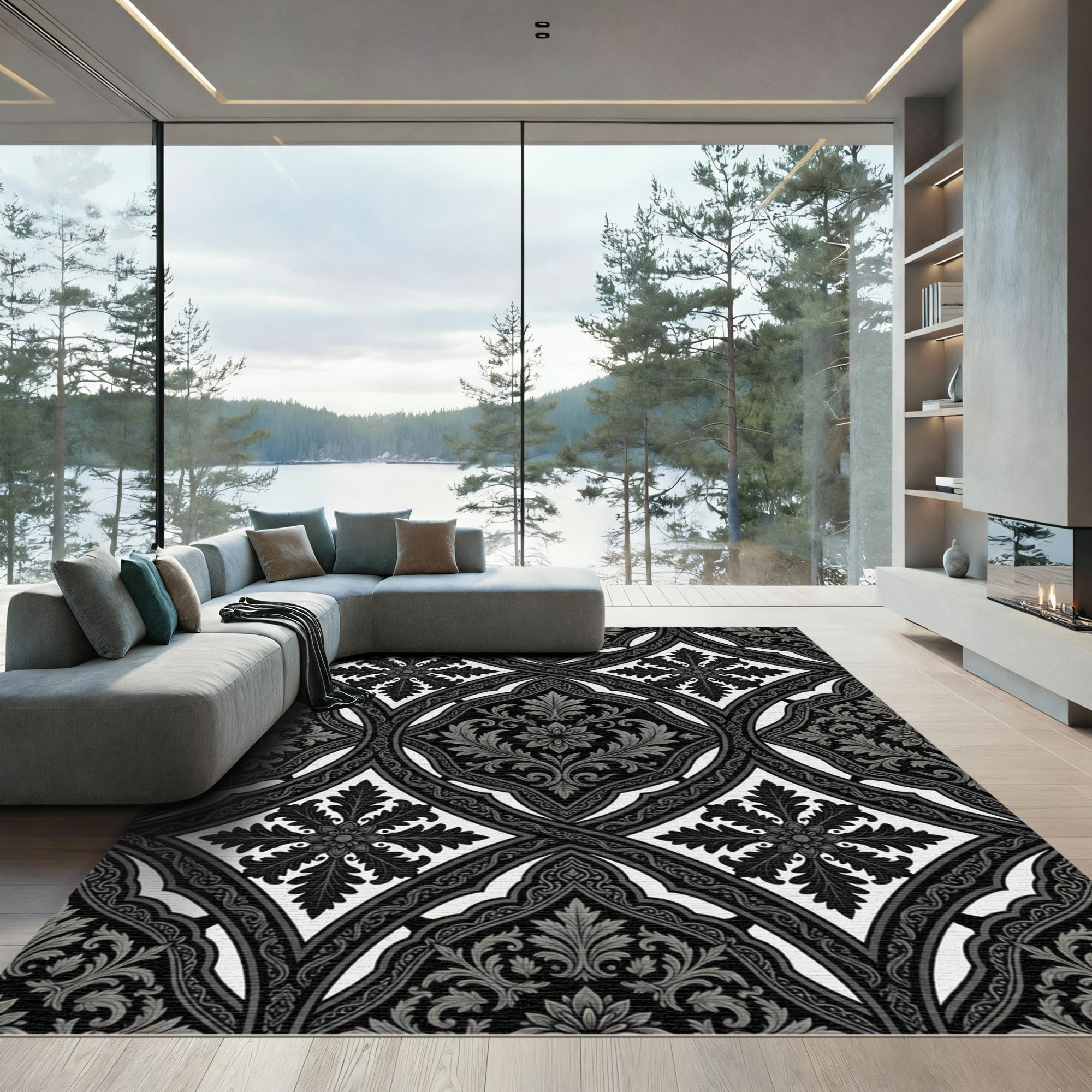 Monochromatic Ogee Lattice Floral Rug