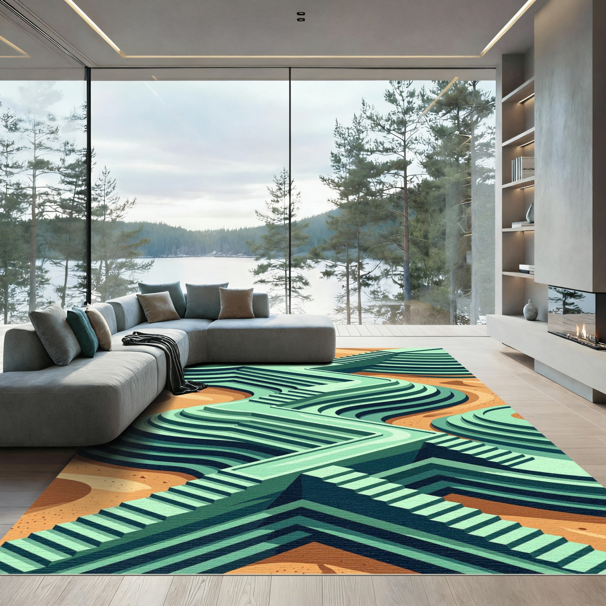 Mint Green Abstract Terraced Landscape Rug