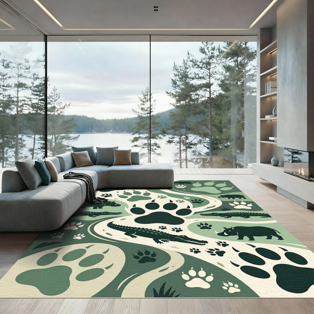Sage Green Jungle Animal Tracks Illustration Rug