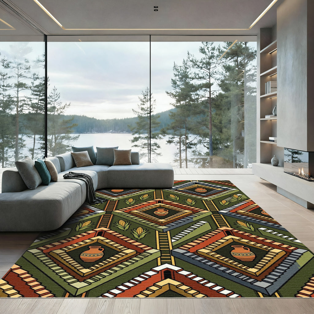 Geometric Mesoamerican Step Pyramid Earthy Tile Rug