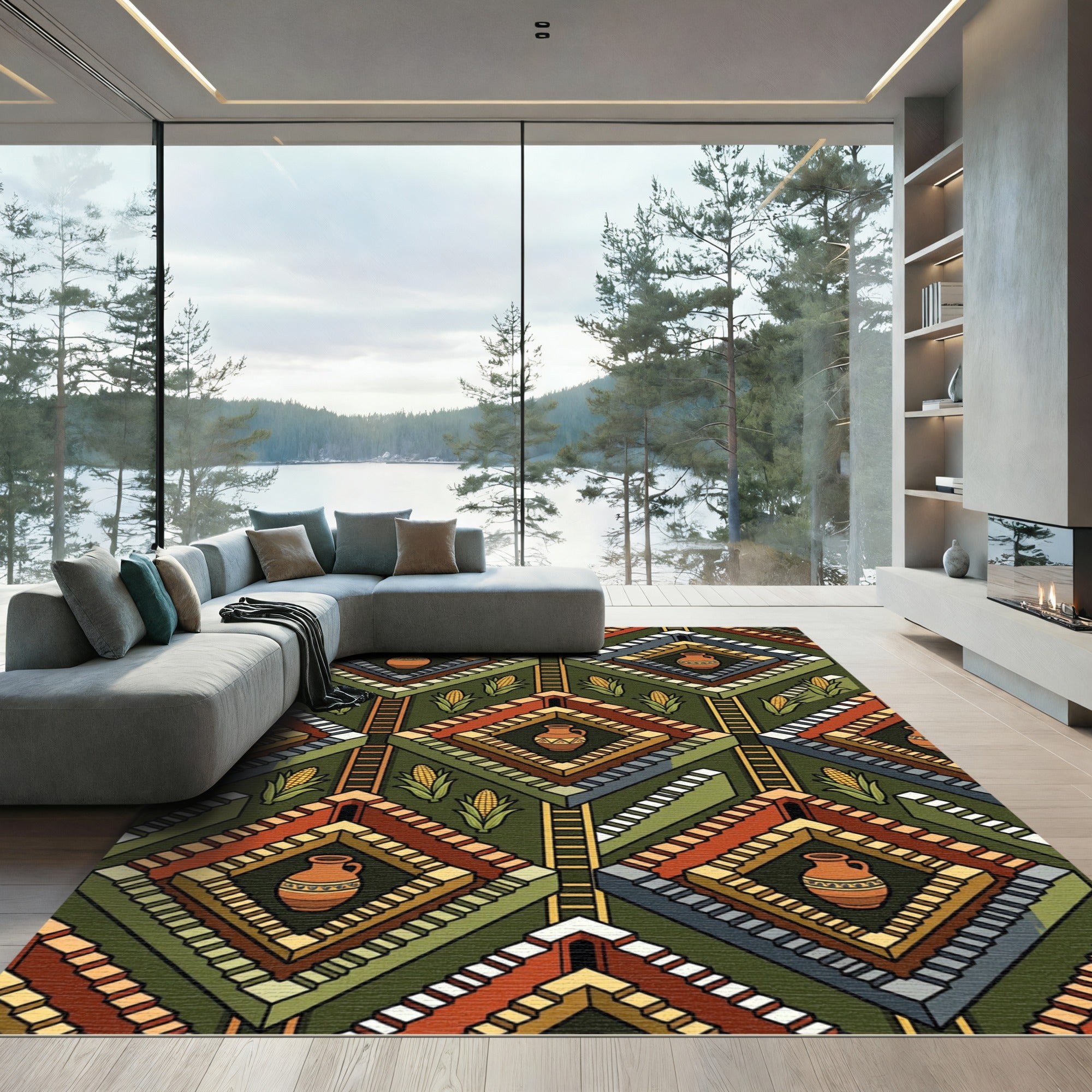Geometric Mesoamerican Step Pyramid Earthy Tile Rug