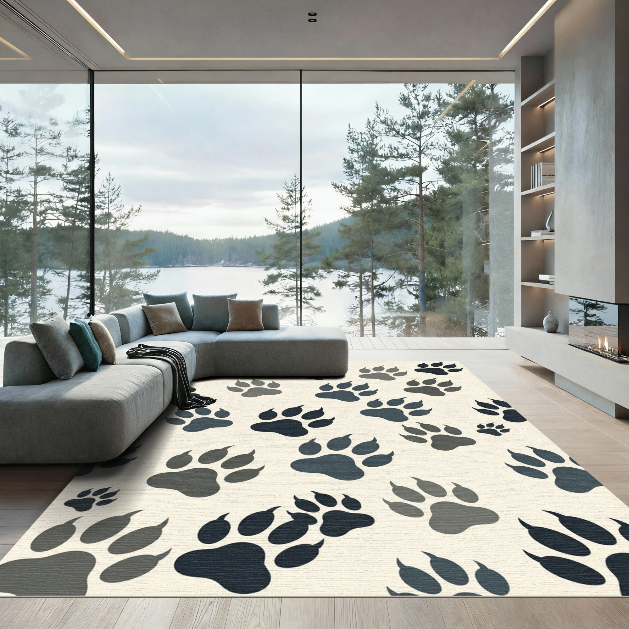 Playful Monochrome Animal Paw Track Rug
