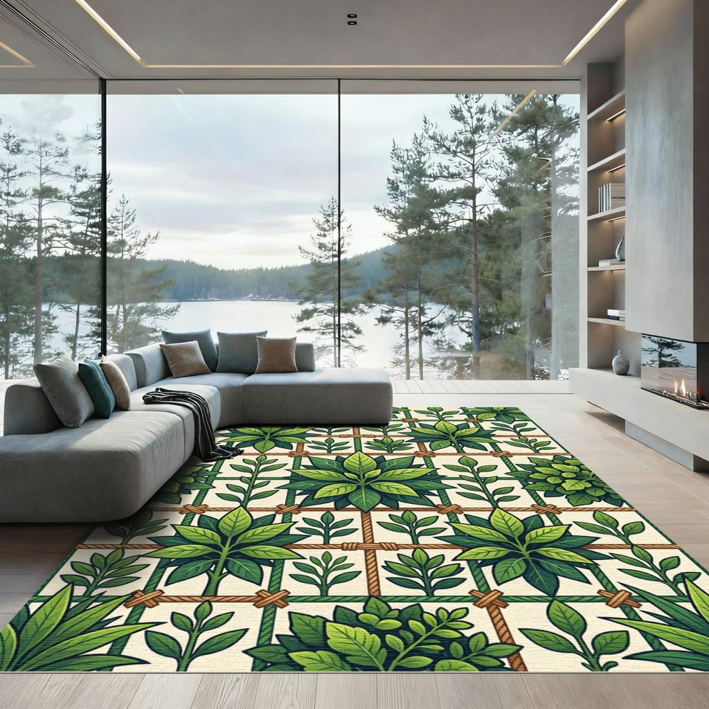 Lush Green Botanical Trellis Grid Rug