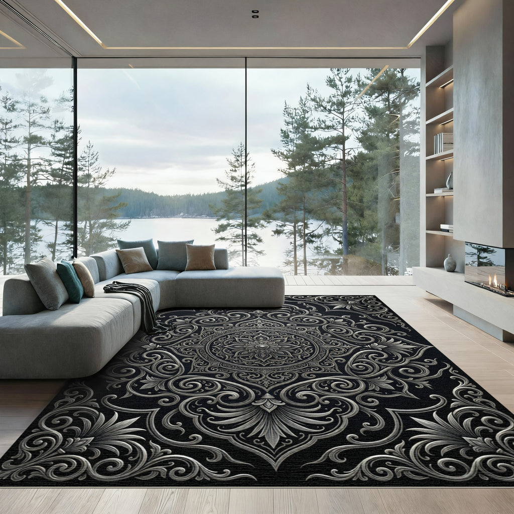 Ornate Silver Mandala Black Background Rug