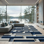 Navy and White Geometric Layered Block Rug