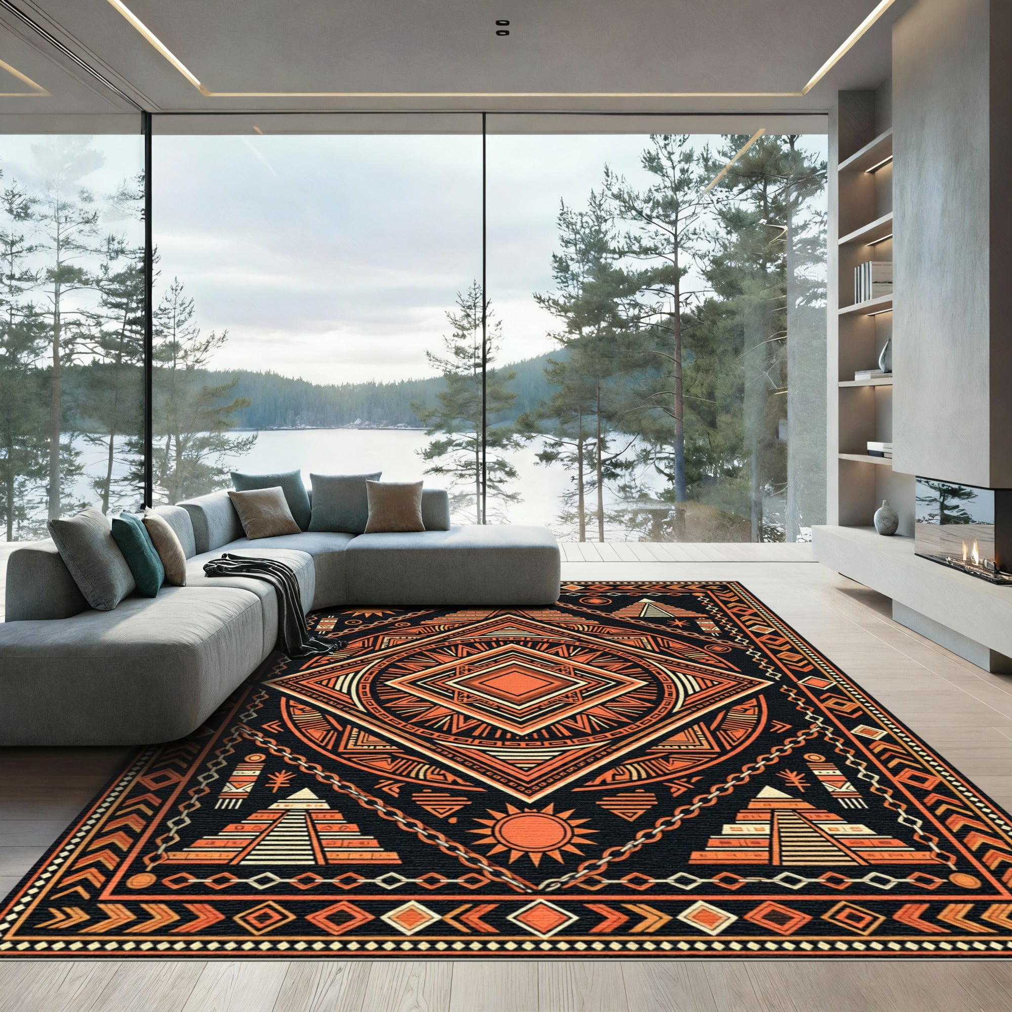 Geometric Aztec Sun Diamond Earth Rug