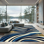 Bold Blue Golden Grass Abstract Waves Rug