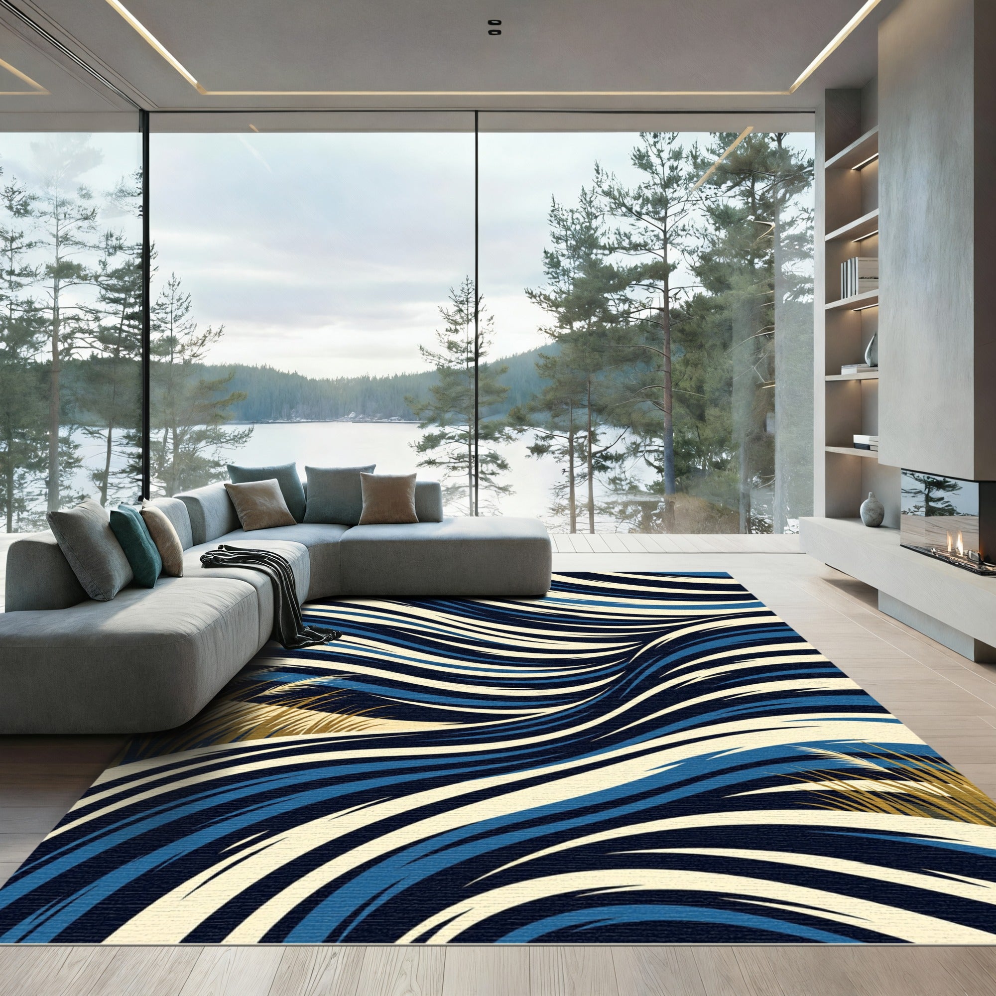 Bold Blue Golden Grass Abstract Waves Rug