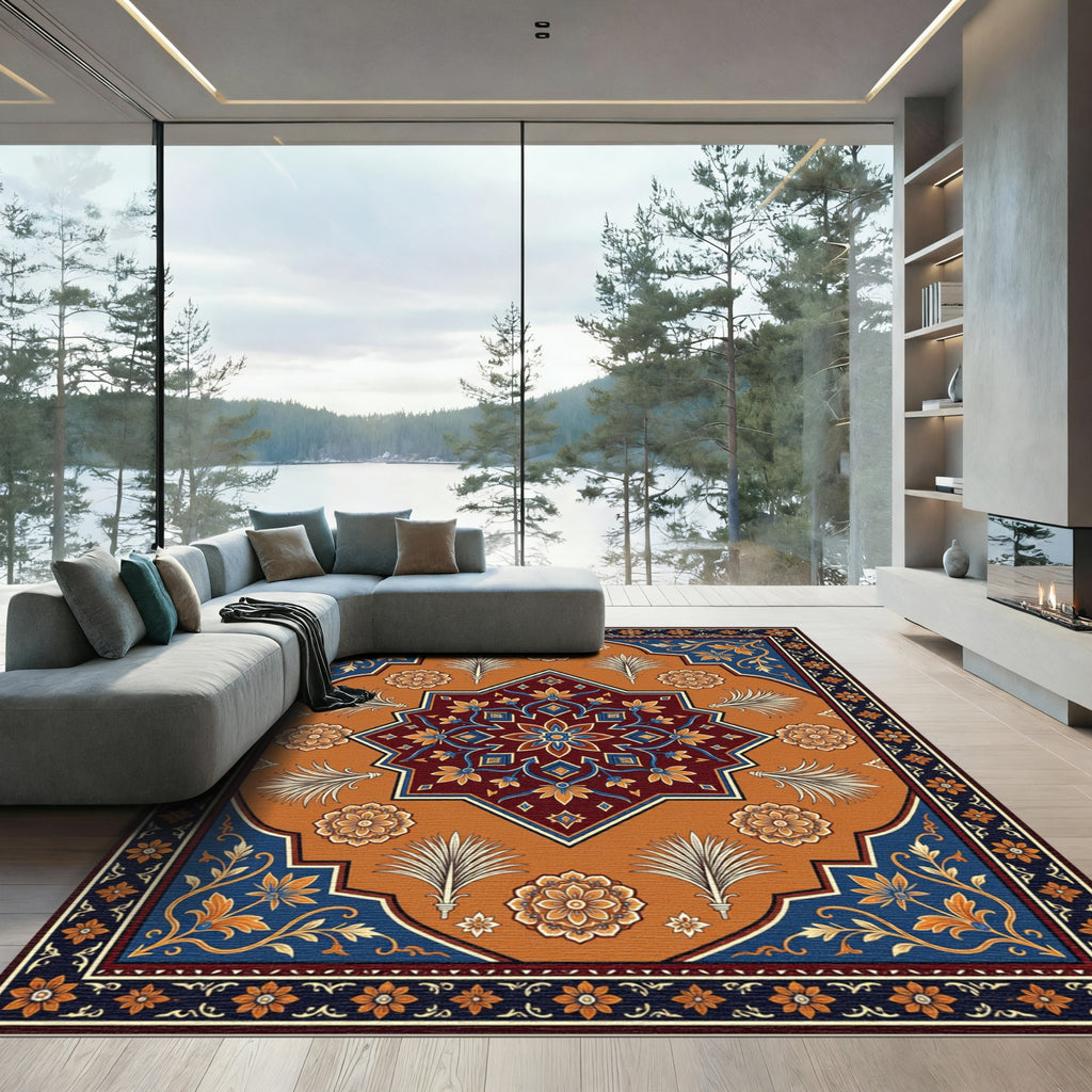 Ornate Red Blue Floral Medallion Rug