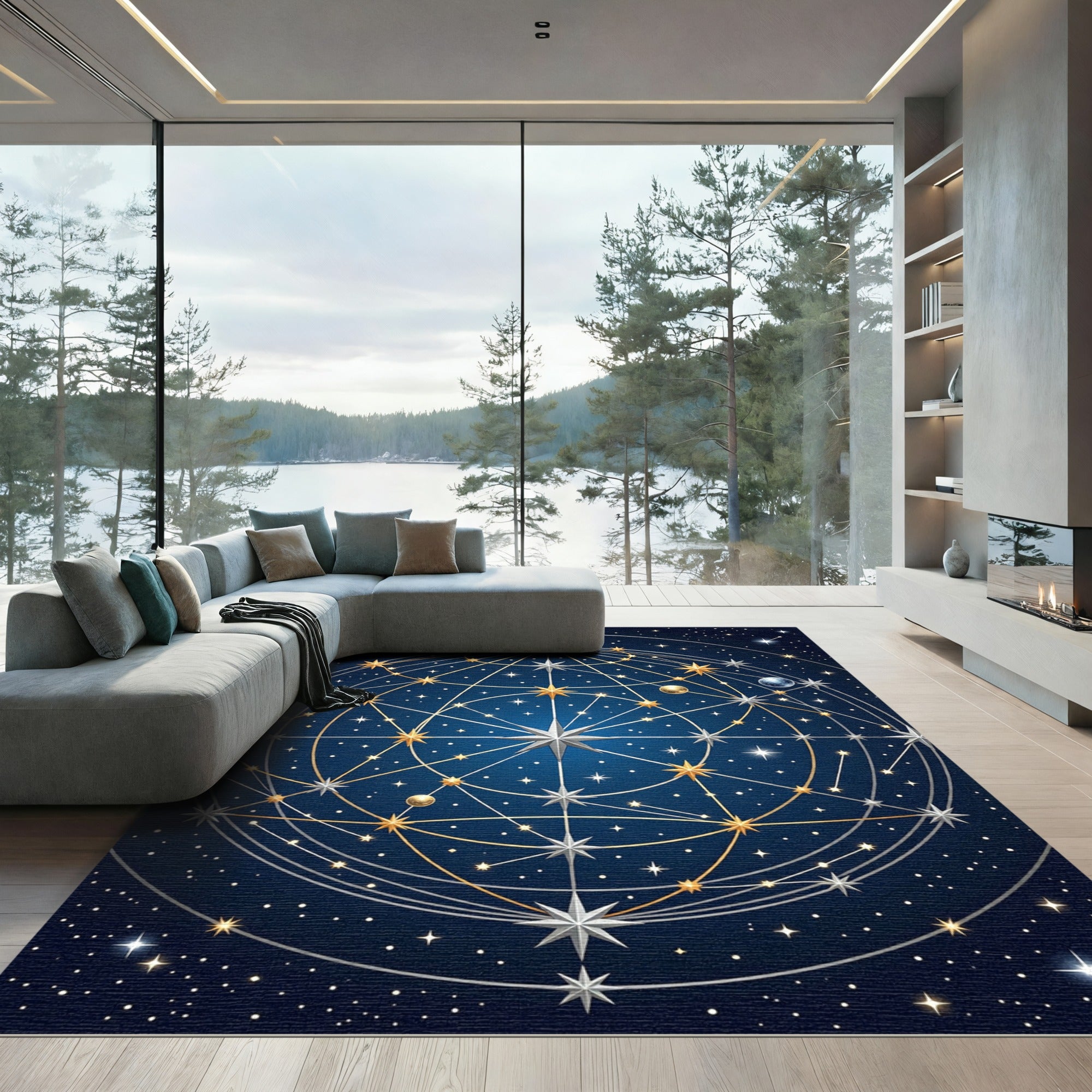 Celestial Gold and Silver Star Map Rug