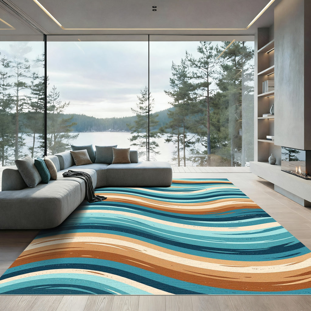 Coastal Blue And Tan Wave Rug