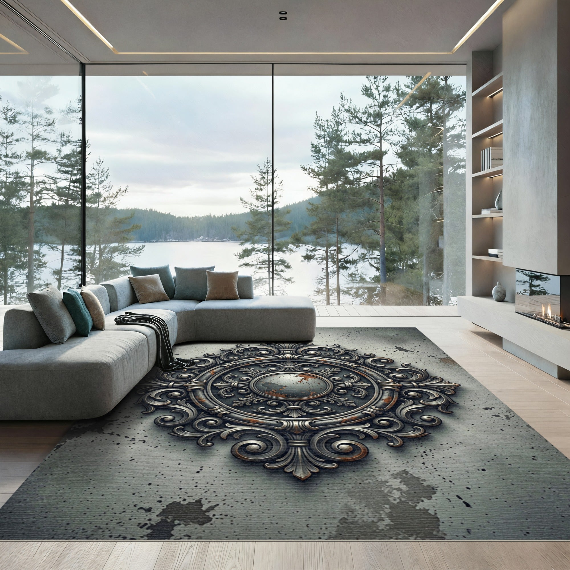 Ornate Silver Vintage Mandala Rug