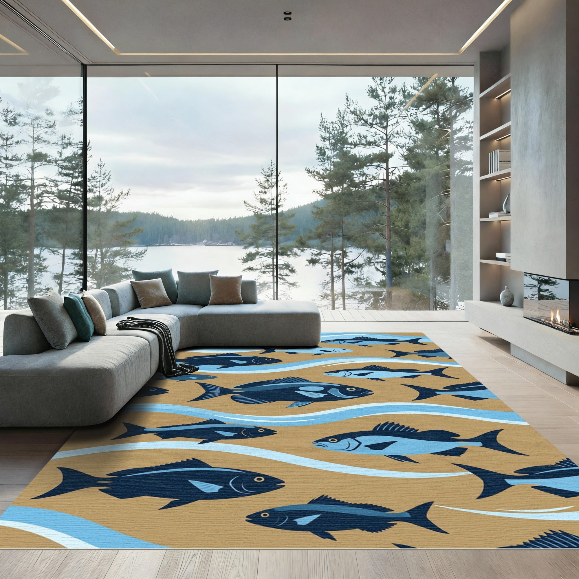 Abstract Blue Fish School Ocean Scene Rug
