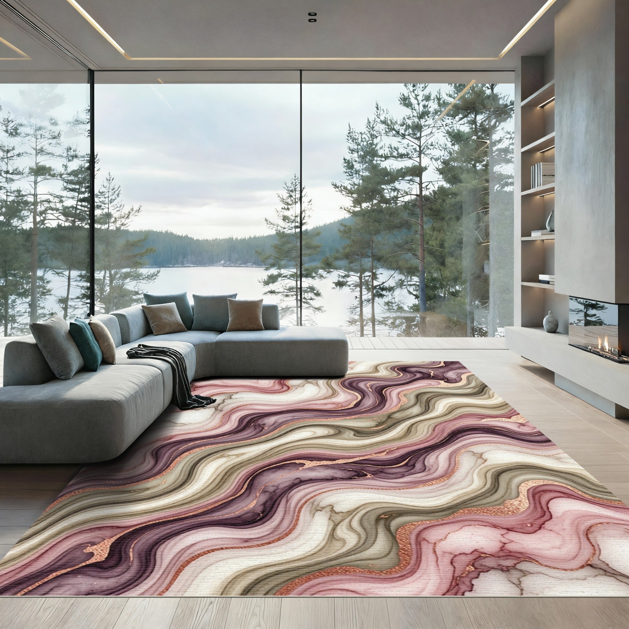 Rose Gold Veined Agate Swirl Rug
