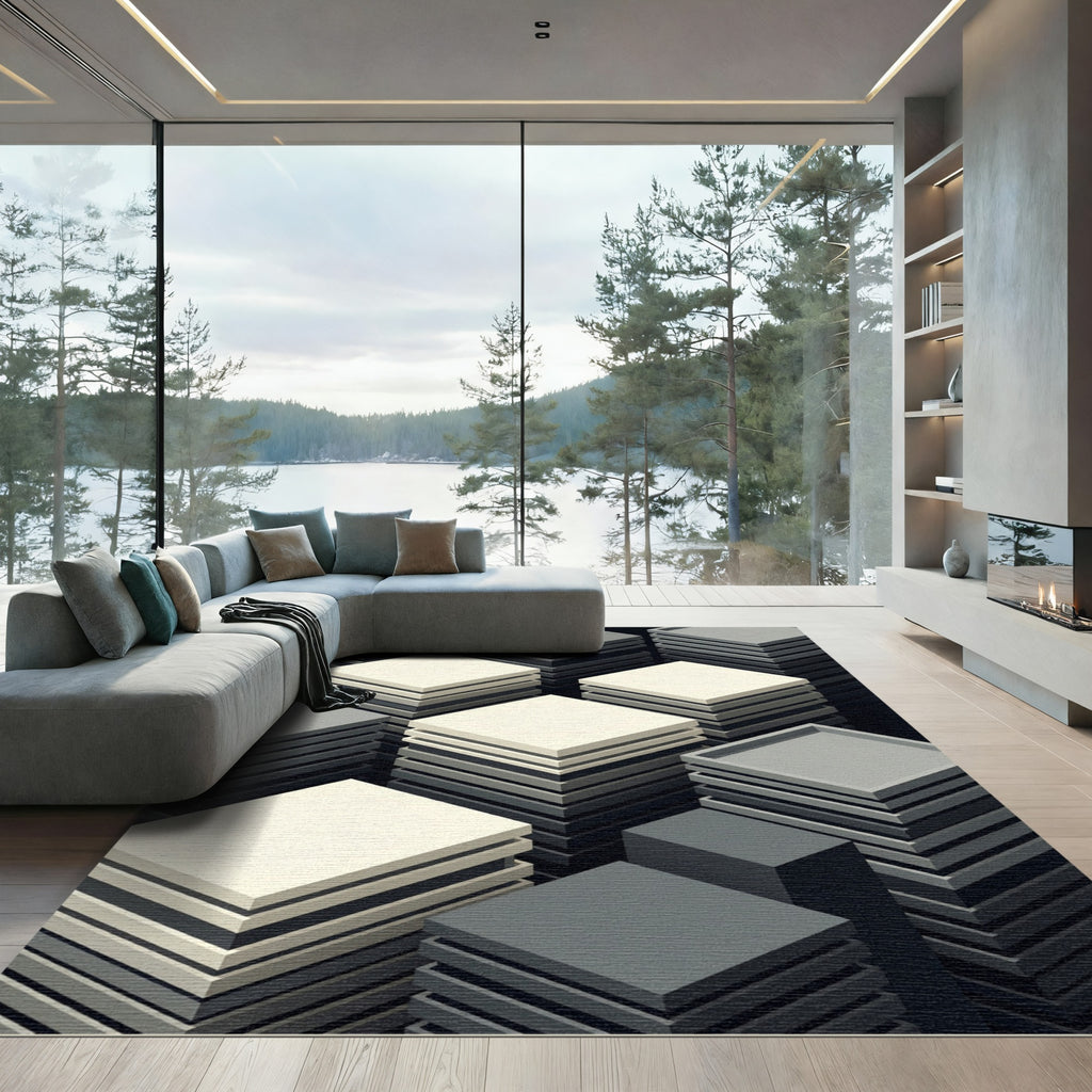 Minimalist Isometric Monochrome Layered Cube Rug