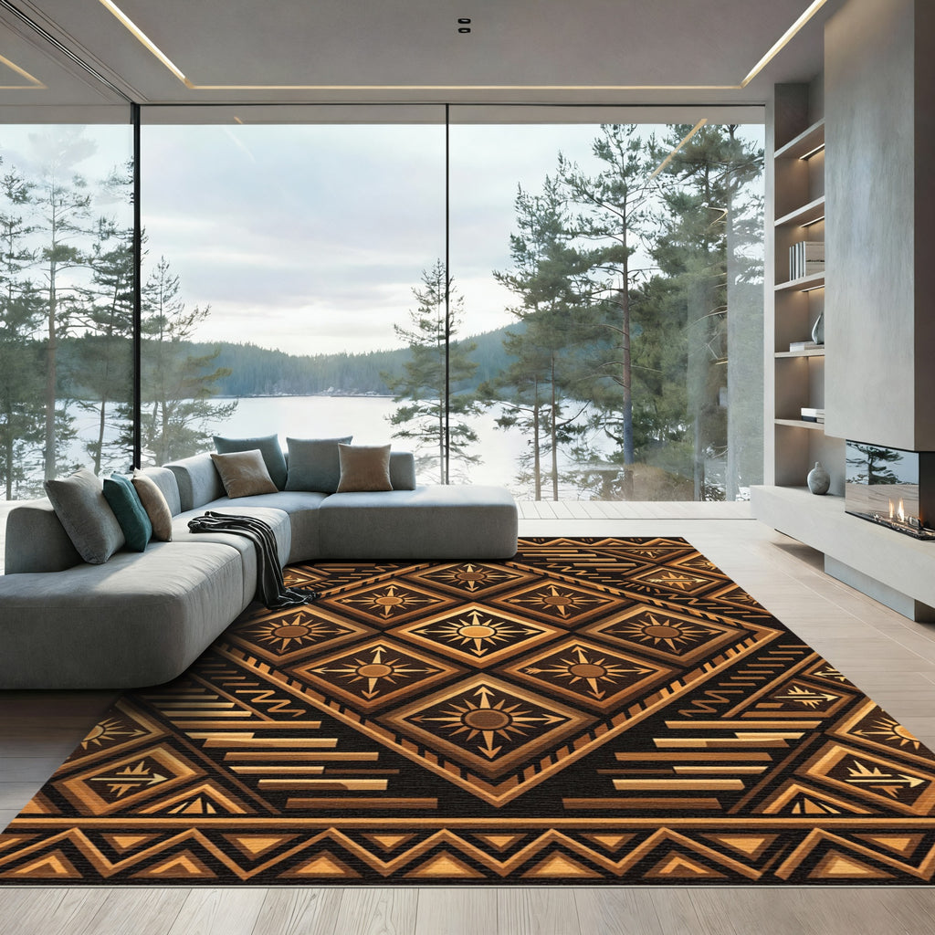 Geometric Bronze Radiant Sun Diamond Rug
