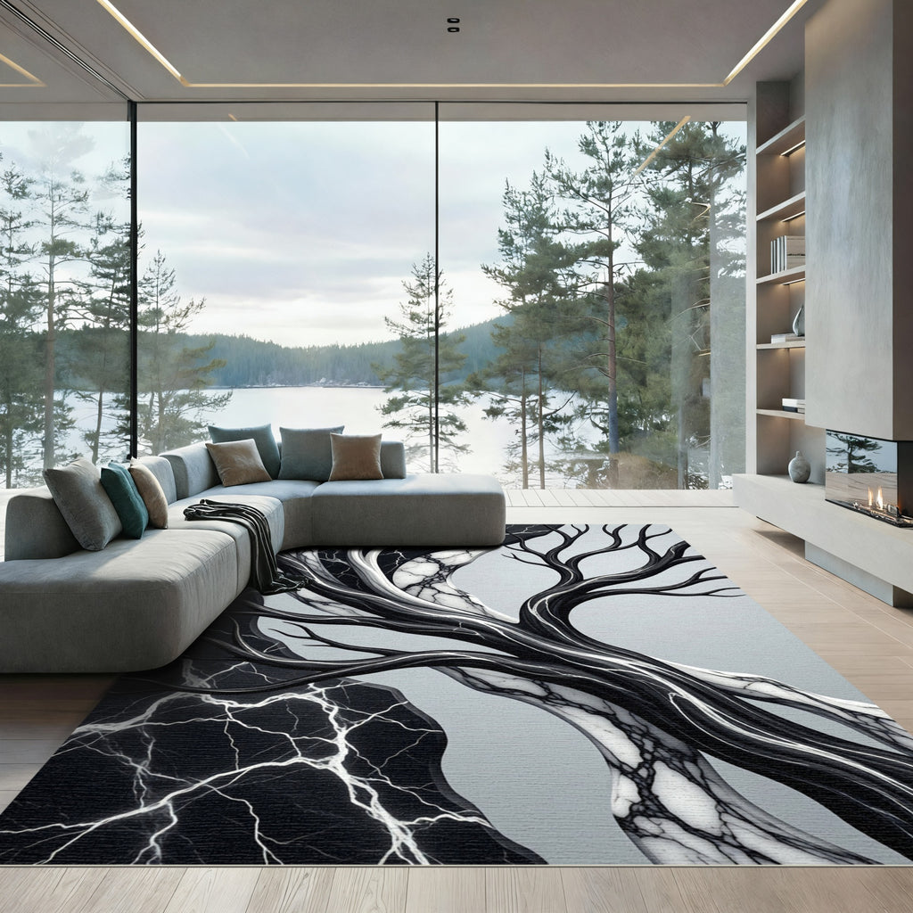 Monochrome Marble Vein Abstract Tree Art Rug