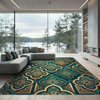 Emerald Gold Ornate Quatrefoil Damask Rug