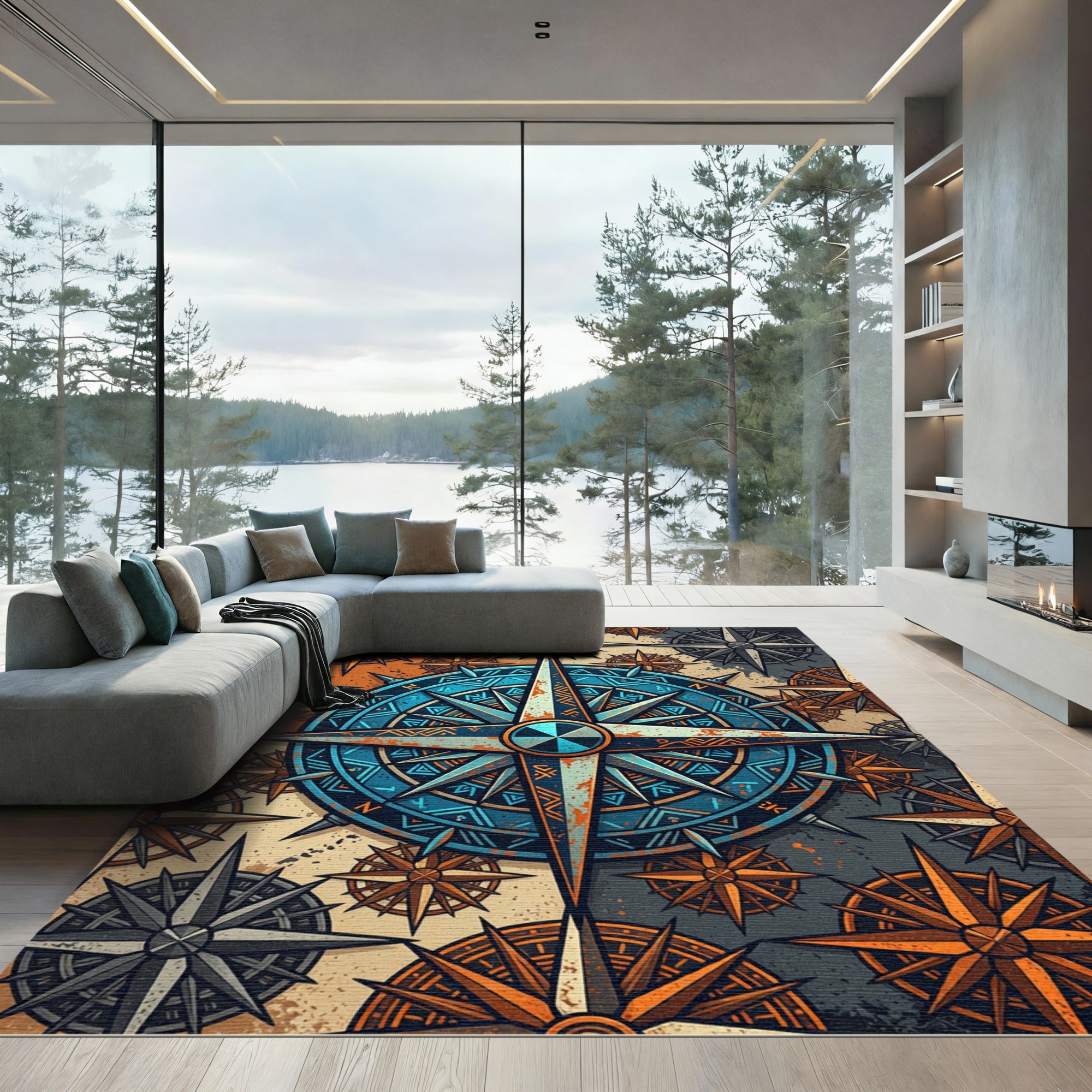 Rustic Blue Compass Rose Navigation Art Rug