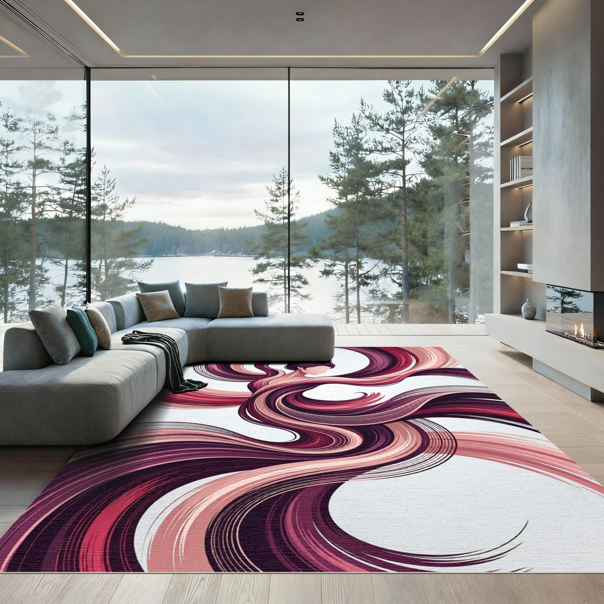 Crimson Swirls Woman Portrait Rug