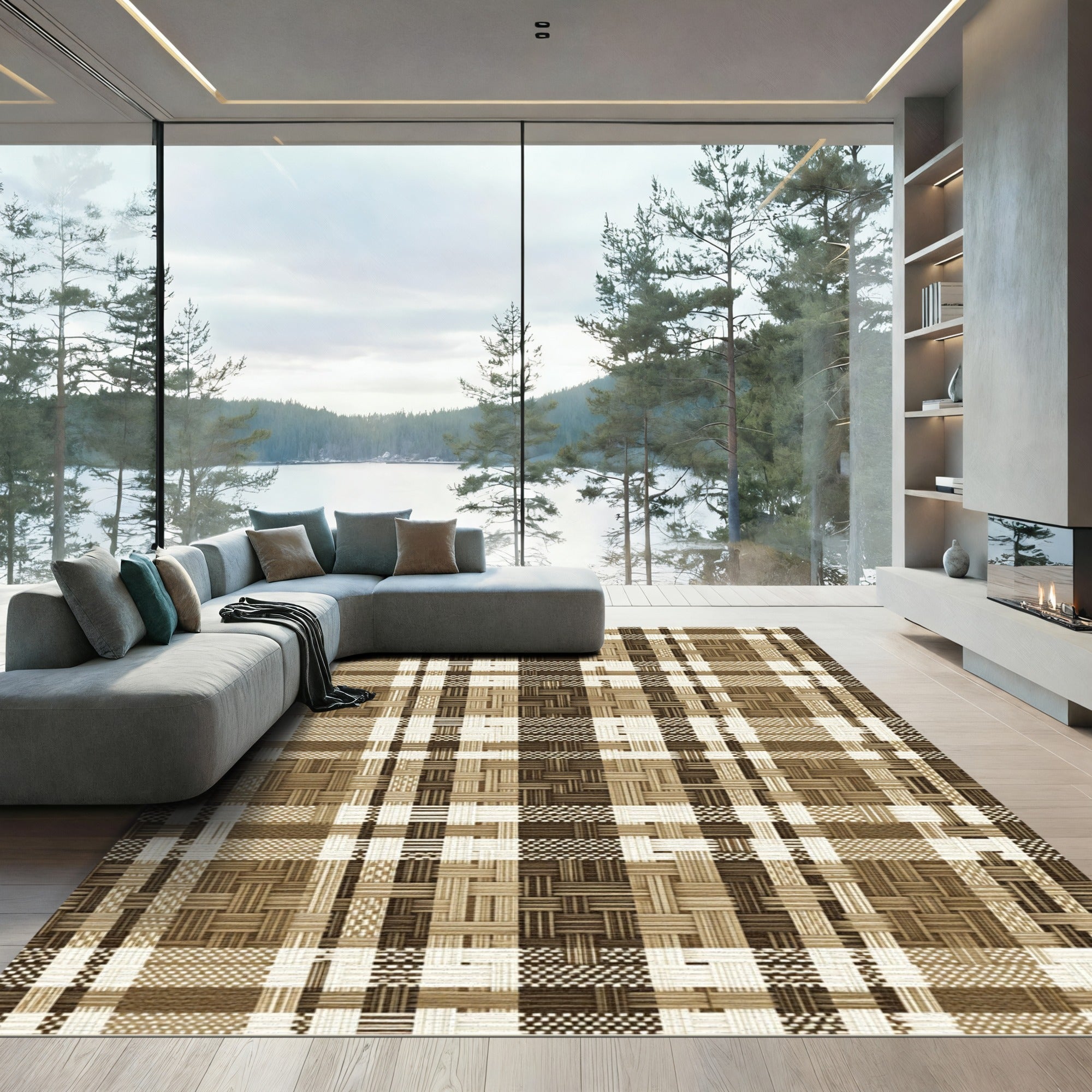 Earth Tone Woven Plaid Basketweave Rug