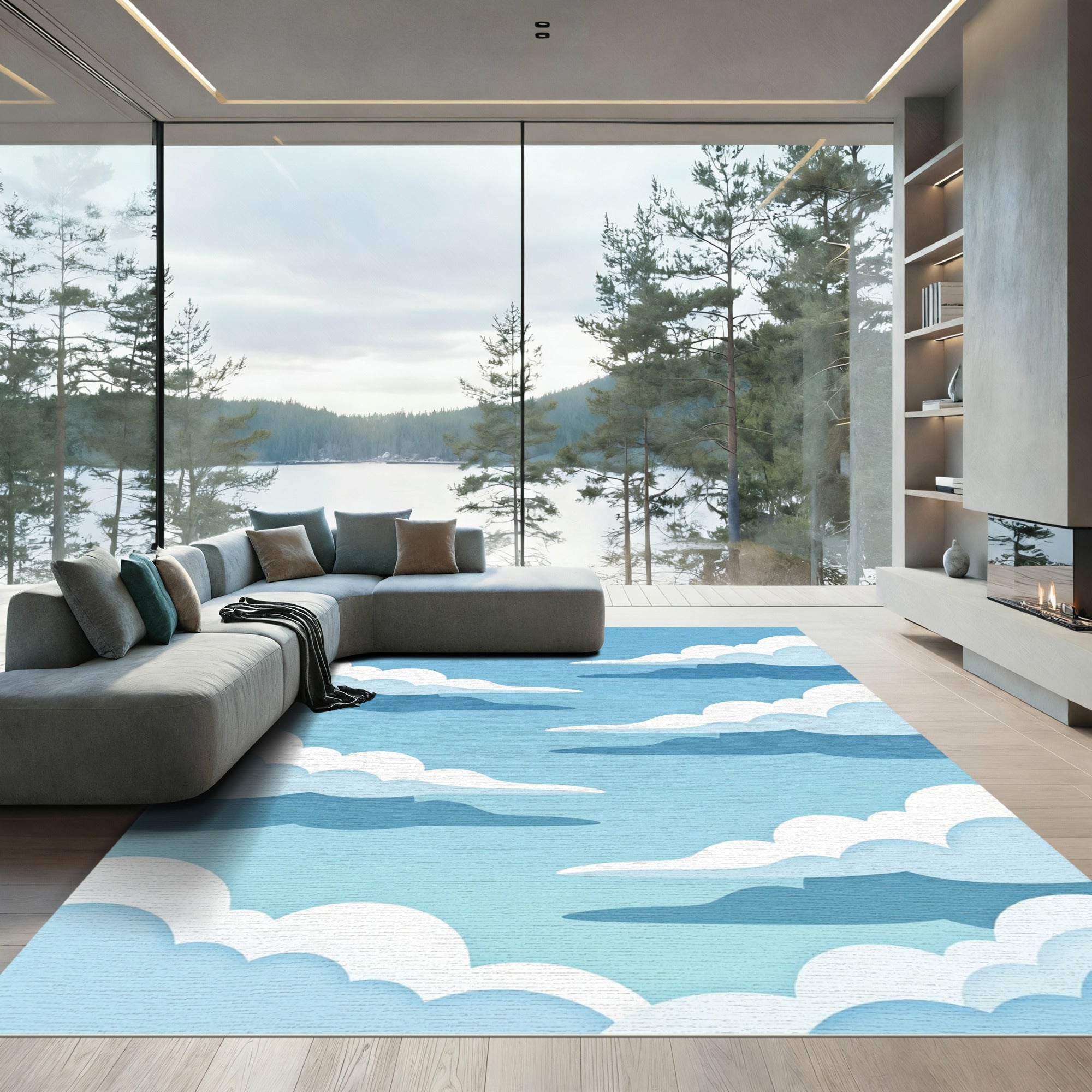 Ethereal Blue Sky Layered Cloud Landscape Rug