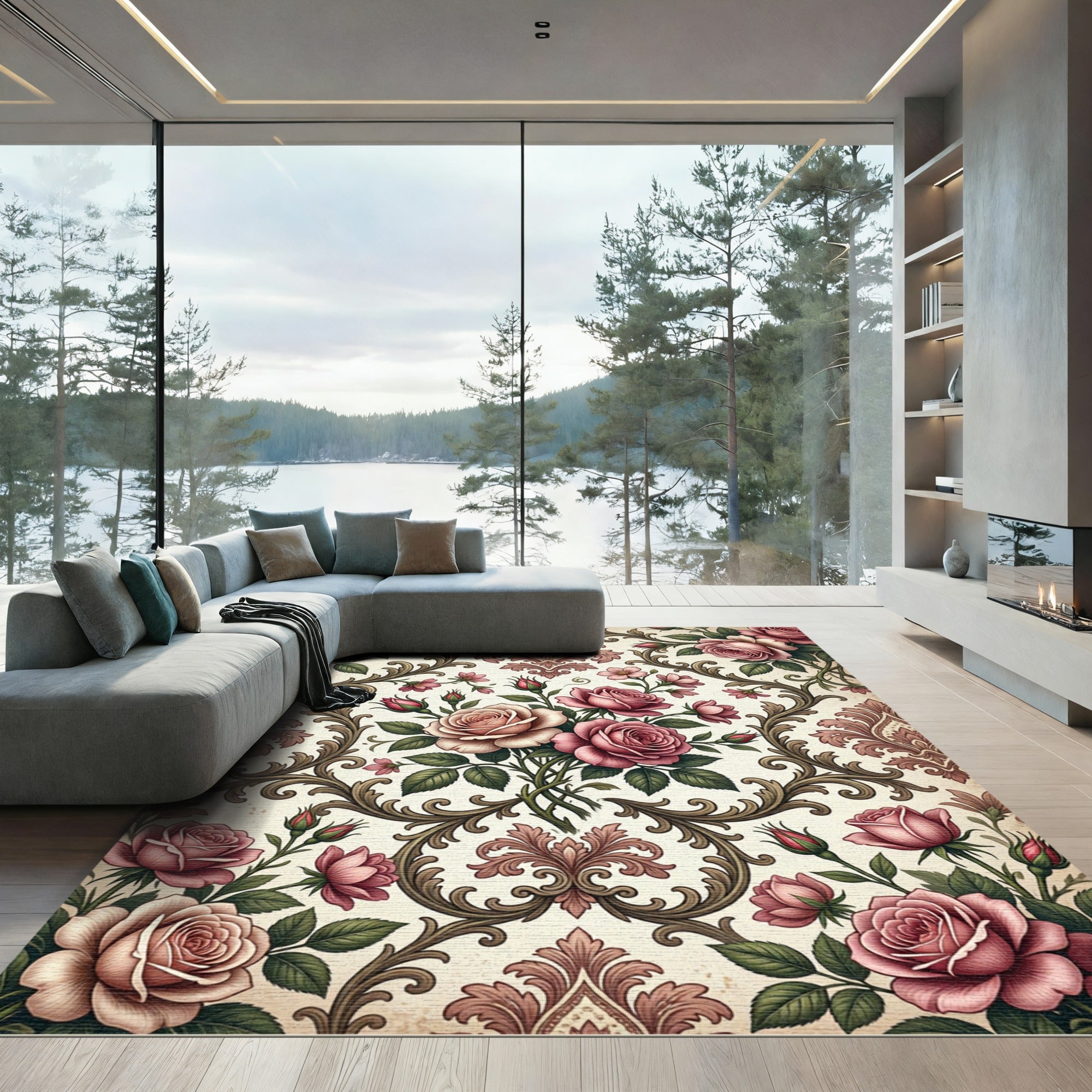 Vintage Dusty Rose Floral Victorian Damask Rug