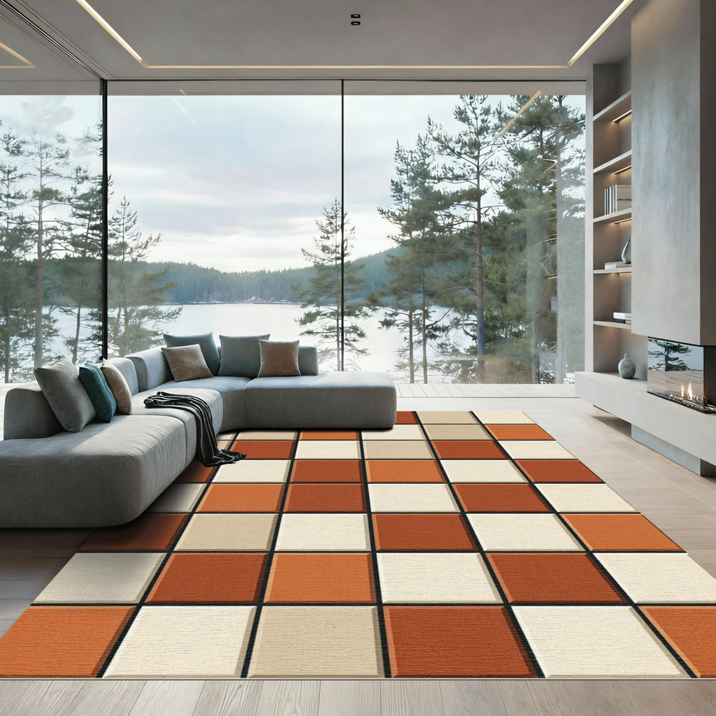 Modern Terracotta Checkered Geometric Grid Area Rug
