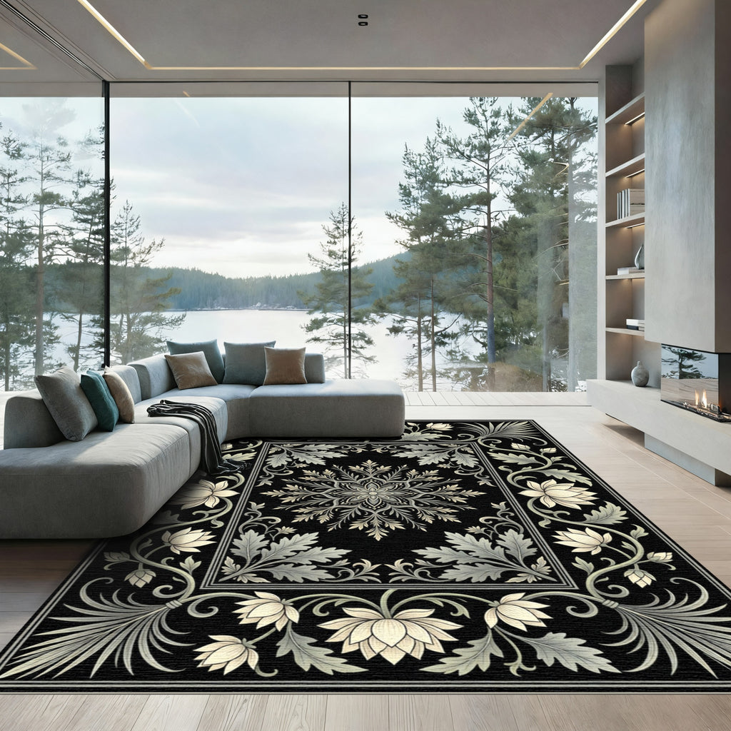 Cream Floral Scroll Border With Black Background Rug