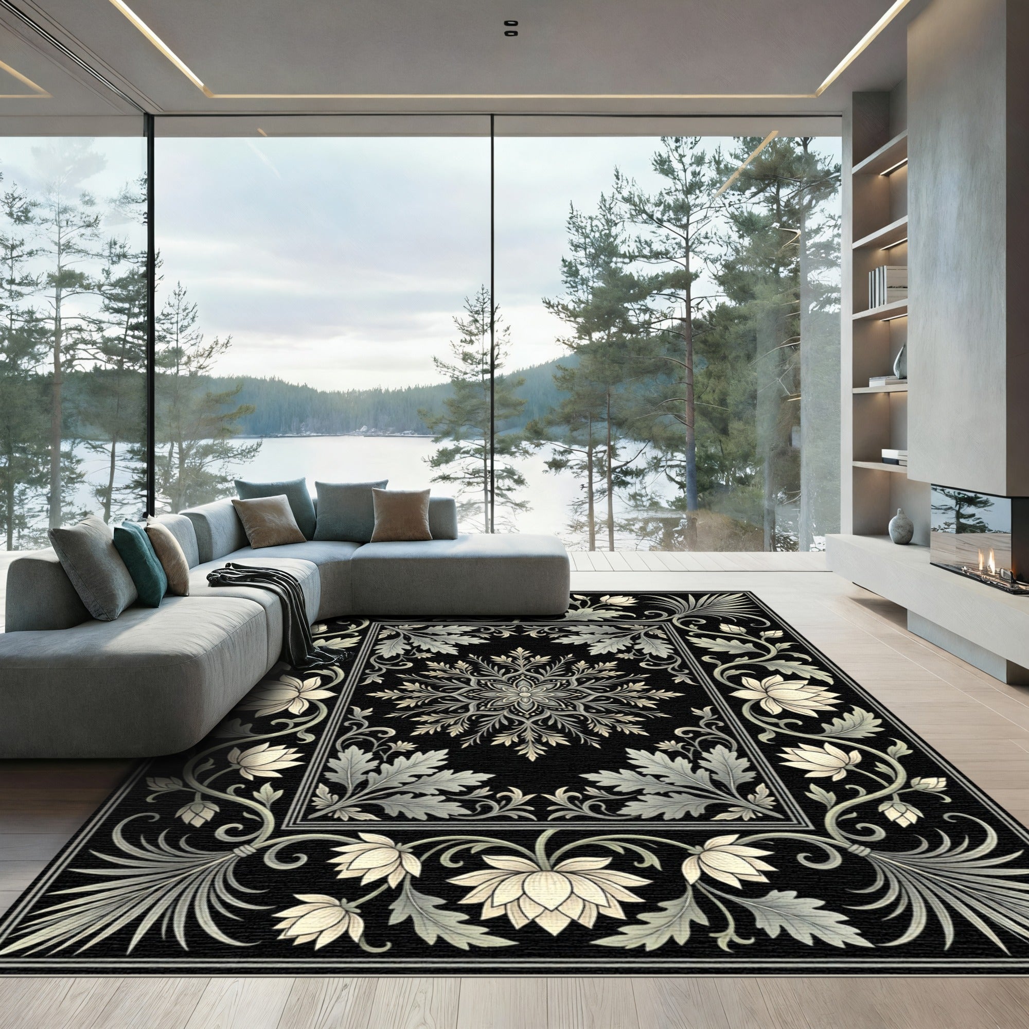 Cream Floral Scroll Border With Black Background Rug