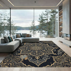 Intricate Golden Mandala Navy Ornate Tapestry Rug