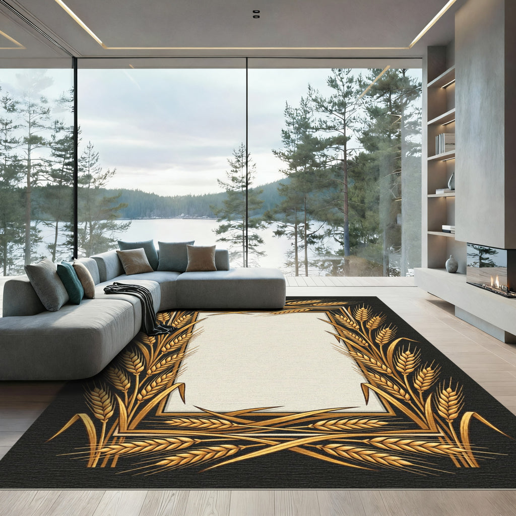 Golden Wheat Botanical Frame Rug