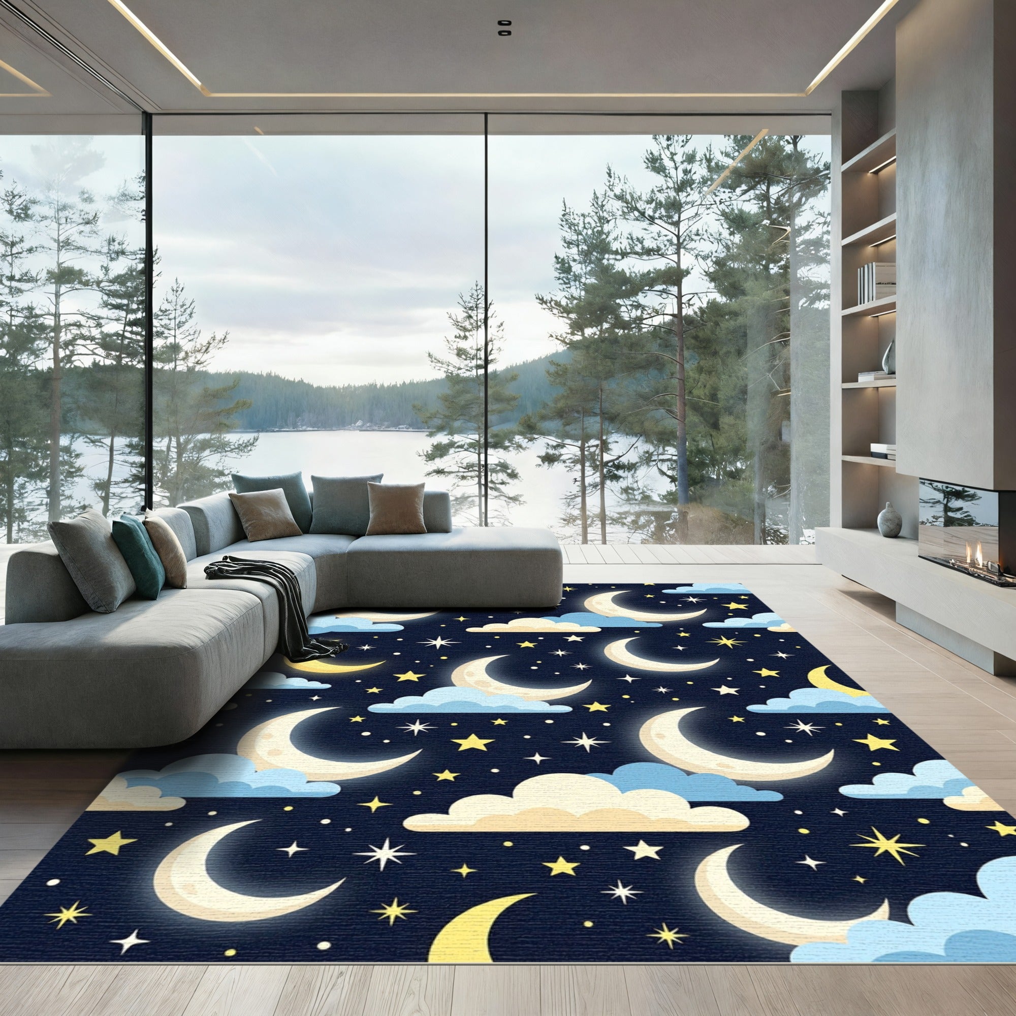Dreamy Crescent Moon and Stars Night Rug