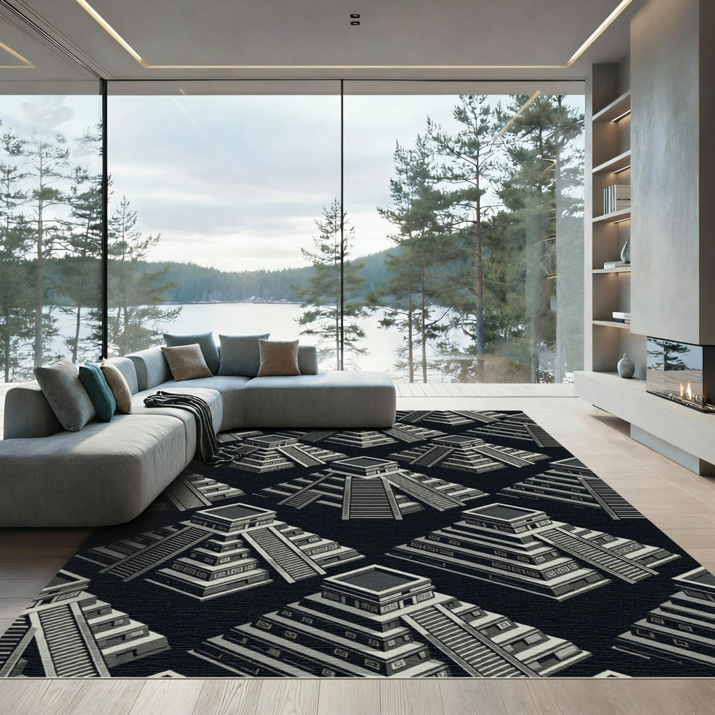 Monochrome Isometric Ancient Pyramid Geometric Rug