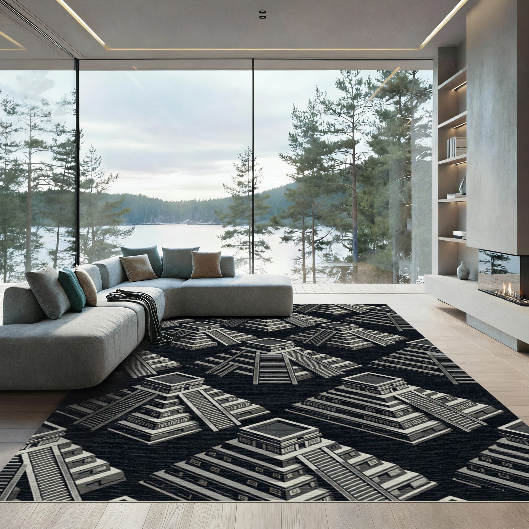 Monochrome Isometric Ancient Pyramid Geometric Rug