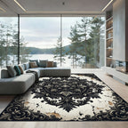 Ornate Black Cream Baroque Floral Medallion Rug