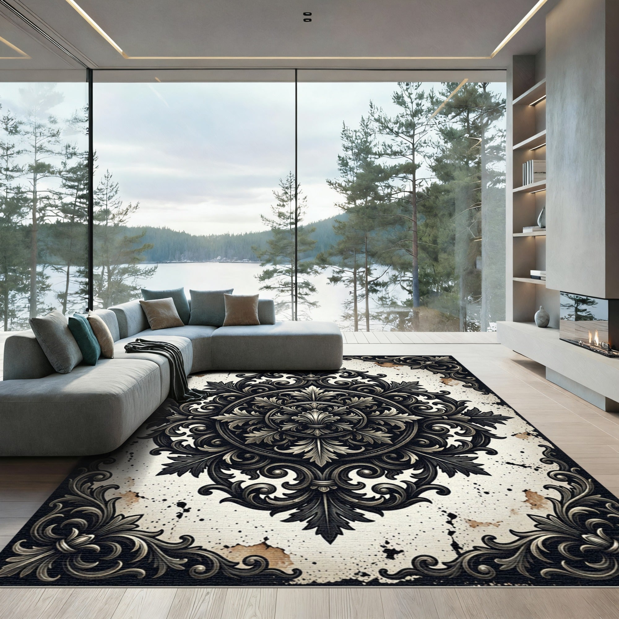 Ornate Black Cream Baroque Floral Medallion Rug