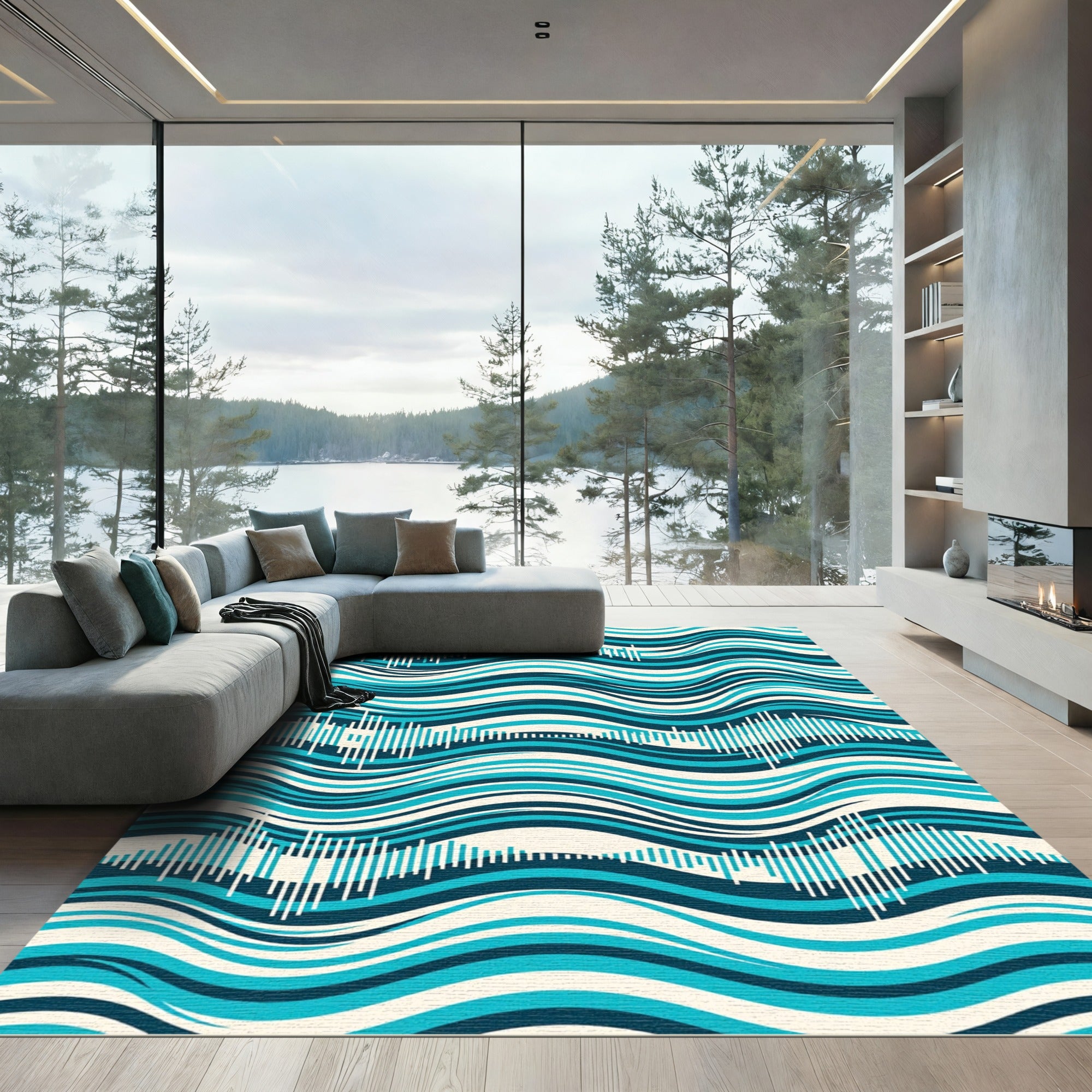 Abstract Turquoise Wave Sound Bar Rug