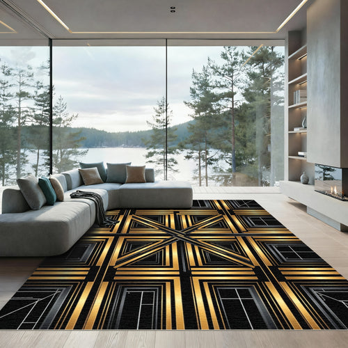 Art Deco Gold Black Geometric Squares Rug