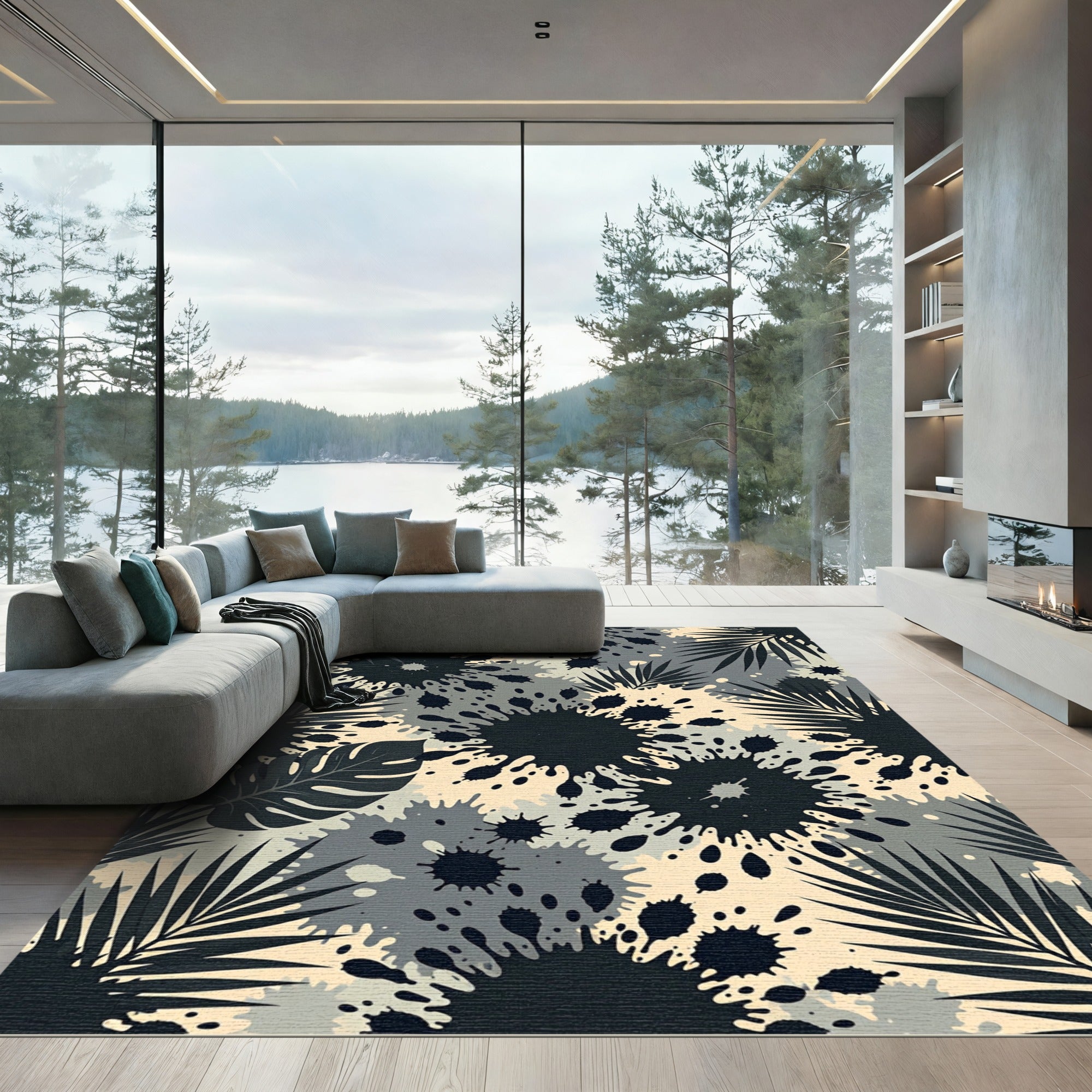 Monochrome Tropical Ink Splash Foliage Rug