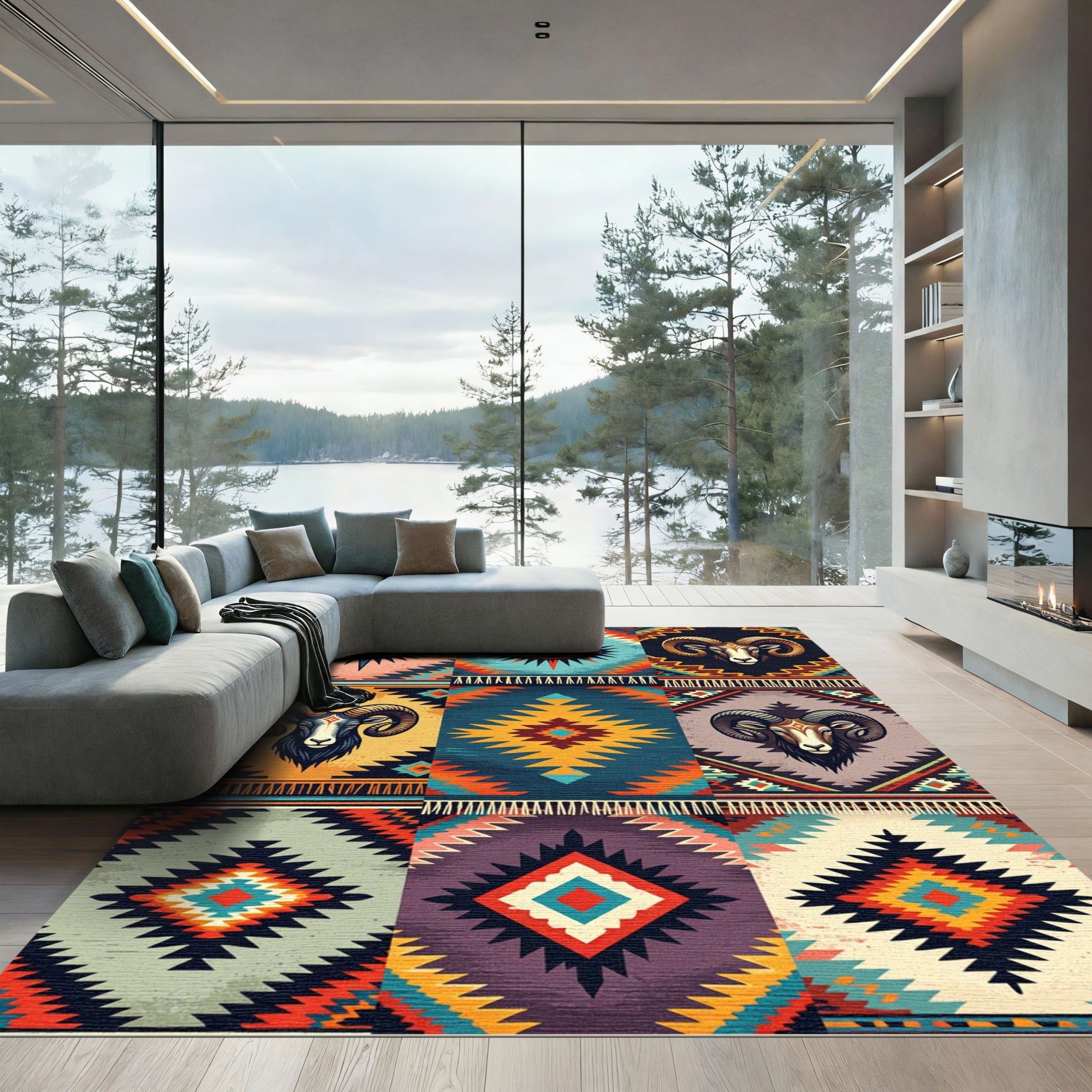 Tribal Ram Eye Geometric Southwest Art Rug